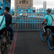 File photo of Deliveroo riders stuck on Tower Bridge in London, England.